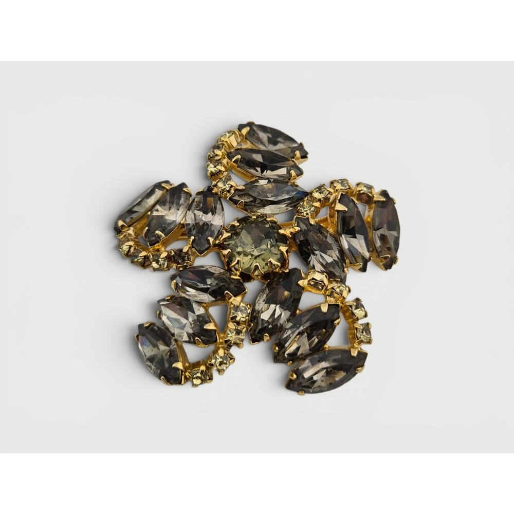 Vintage Smoky Gray Rhinestone Brooch Gold Tone Mid Century Statement